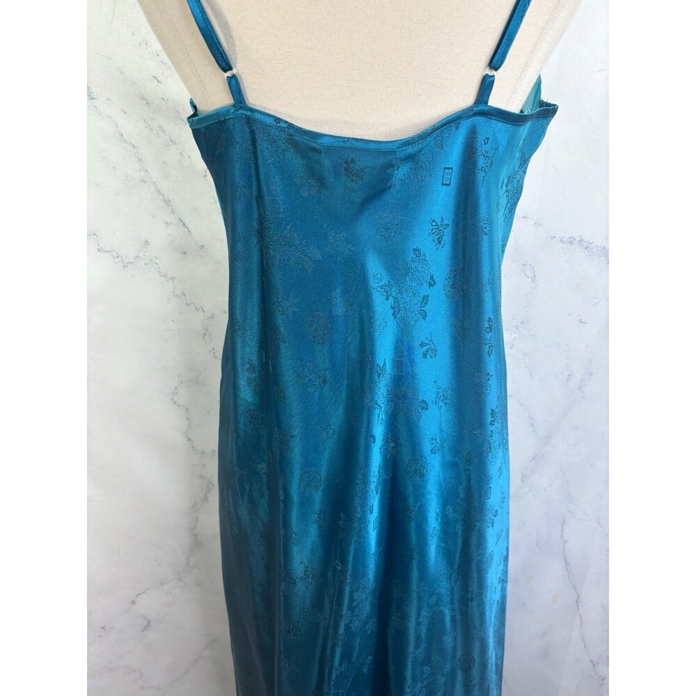 Vintage Nightgown Slip Dress M L Nightie Satin TEAL Blue BROCADE Whimsical fairy - Picture 13 of 14